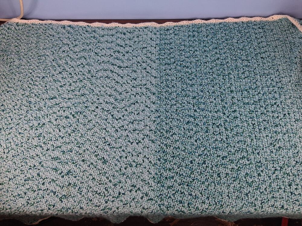 Handmade Crocheted Blue Baby Blanket White Trim Nursery Crafts Warm
